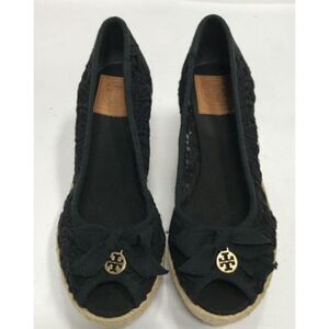 Like New Tory Burch Black Embroidered Platform Wedge Espadrilles Size 7.5B